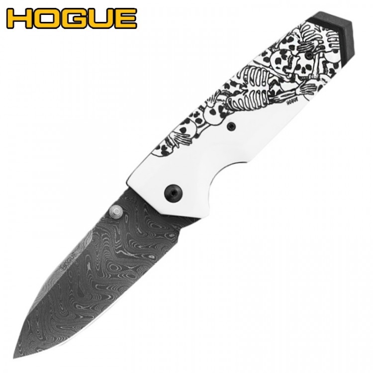 Нож Hogue EX-02 Spear Point Thumb Stud 3,375" Damascus Skulls & Bones White 34279DTFS