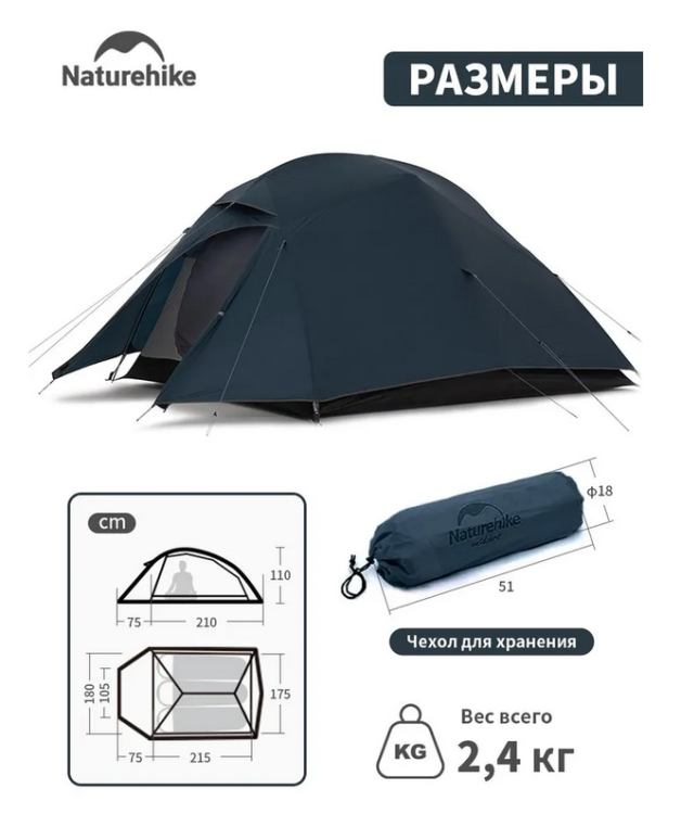 Naturehike Cloud Up 3 Синяя (NH18T030-T) 3-местная