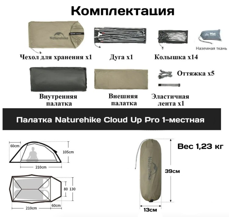 Naturehike CNK2350WS020 Cloud Up Pro 1-местная, желтая