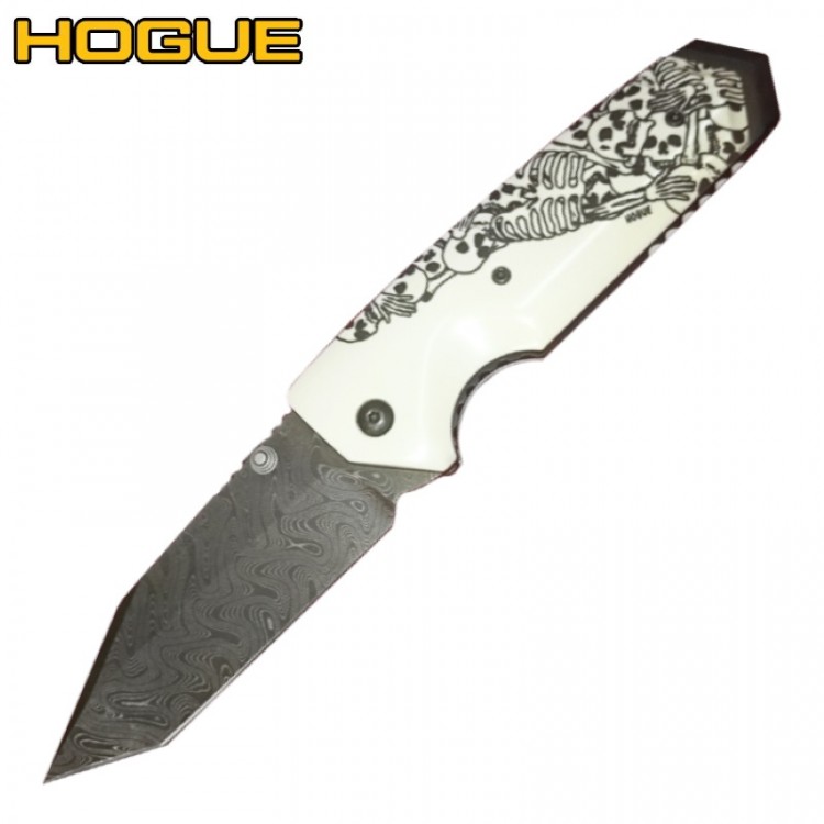 Нож Hogue EX-02 Tanto Thumb Stud Damascus Skulls & Bones White 34249DTFS
